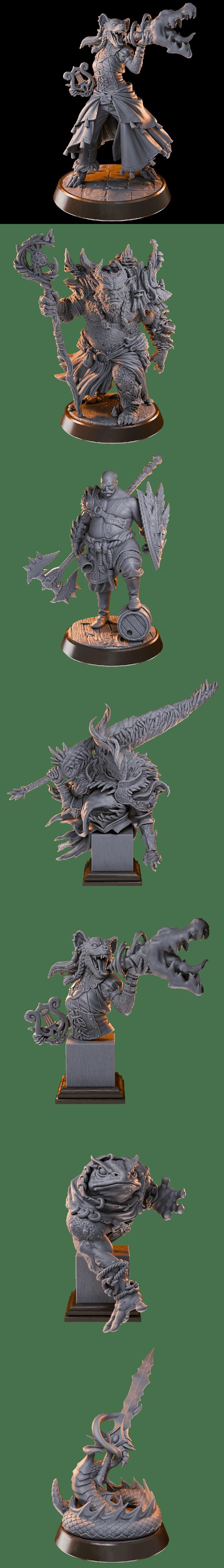 A collection of fantasy 3D printable miniatures, including a large red dragon, various monsters, and detailed diorama...