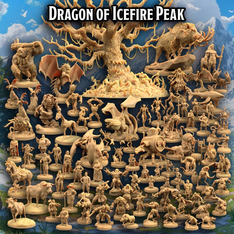 Collection of fantasy 3D printable miniatures from Dungeon Classics, featuring a large dragon, a boar, a tree, trolls...