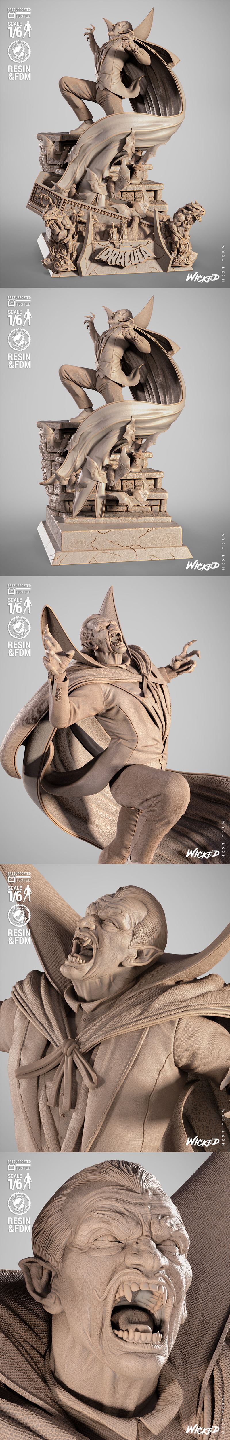 Dracula sculpture in a dynamic pose, wearing a black suit and red-lined cape, standing on a pedestal with a coffin, b...