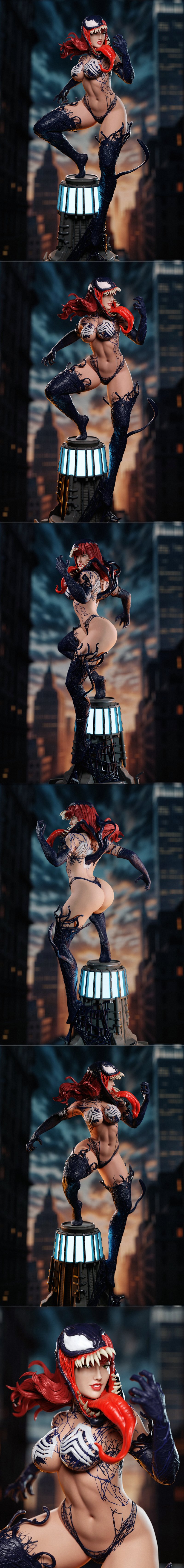 Venomized MJ 3D model by Abe3D, featuring a female figure with Venom symbiote tendrils, sharp teeth, and a dynamic ac...