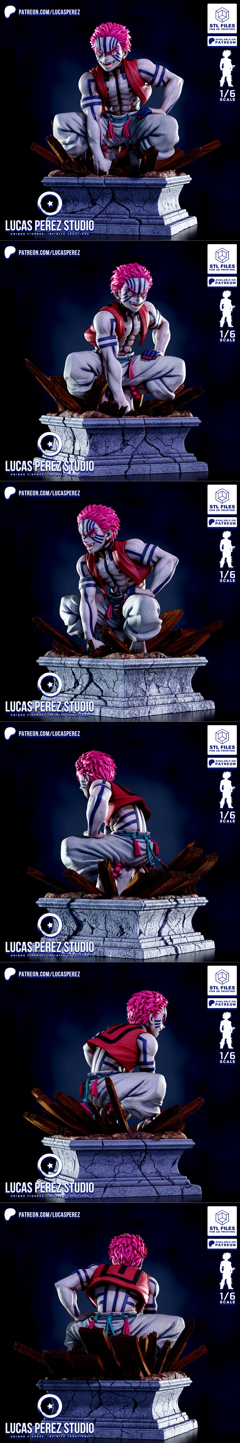 1/6 scale 3D model of Akaza from Demon Slayer, crouching on a stone and wood base. He has pink spiky hair, blue marki...