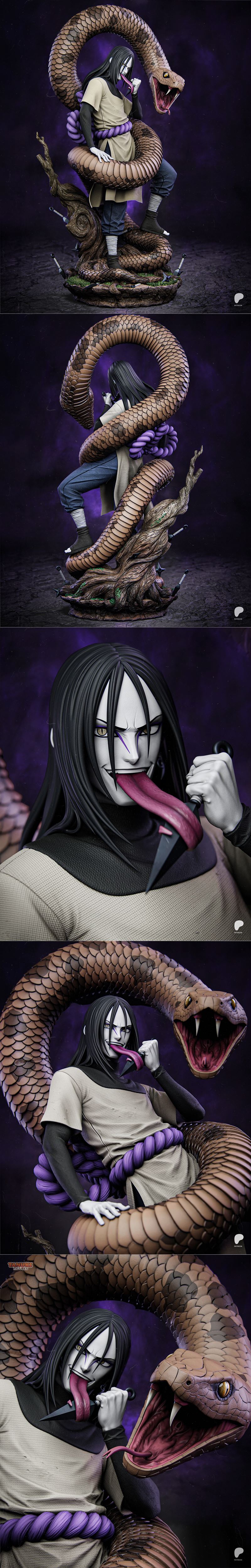 Orochimaru figure coiled by a large snake, holding a kunai, with a detailed rocky base featuring shuriken and kunai....