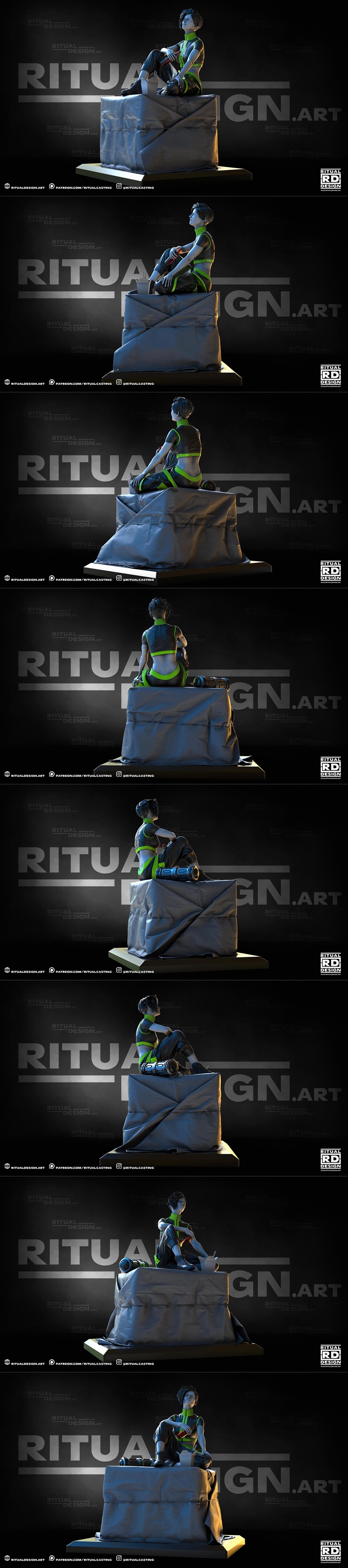 3D model of a woman named Glitch, sitting with legs crossed, holding two bottles and a takeout container. She wears a...