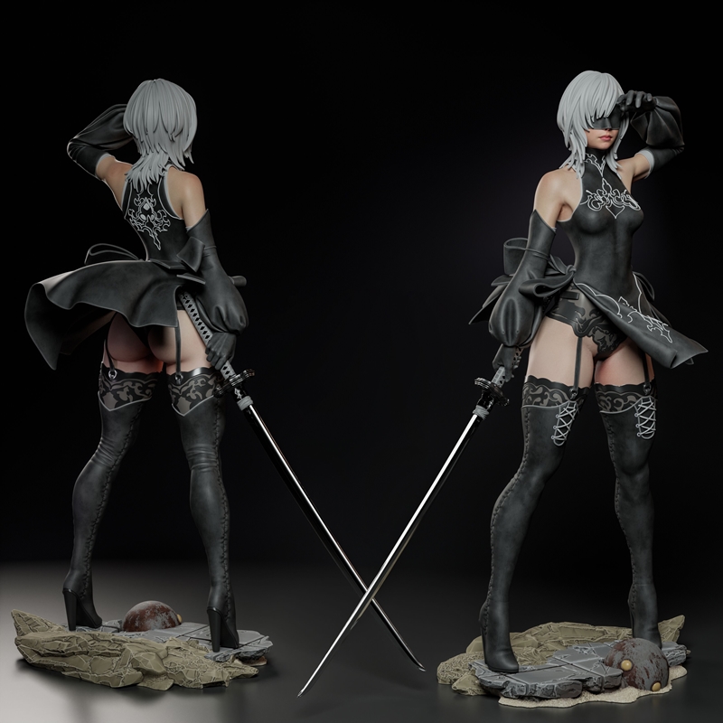 3D model figure of 2B from Nier: Automata by Abe3D, wearing a black gothic-inspired outfit with a blindfold and holdi...