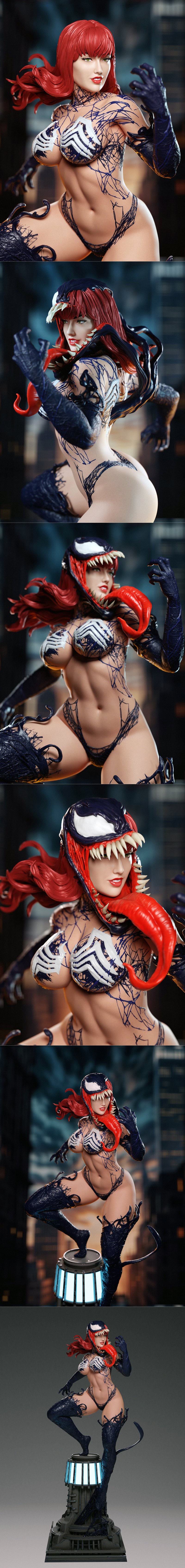 Venomized MJ 3D model by Abe3D, featuring a female figure with Venom symbiote tendrils, sharp teeth, and a dynamic ac...
