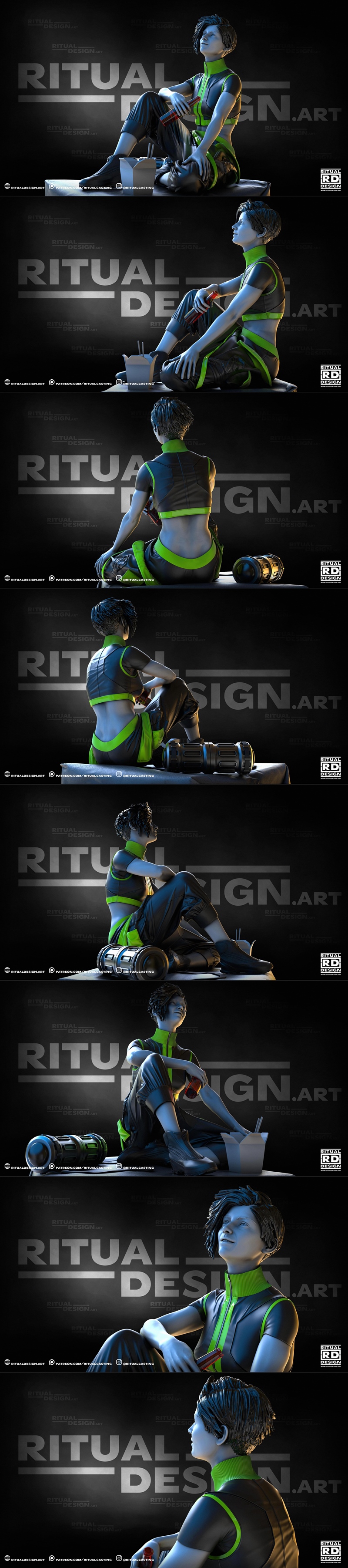 3D model of a woman named Glitch, sitting with legs crossed, holding two bottles and a takeout container. She wears a...