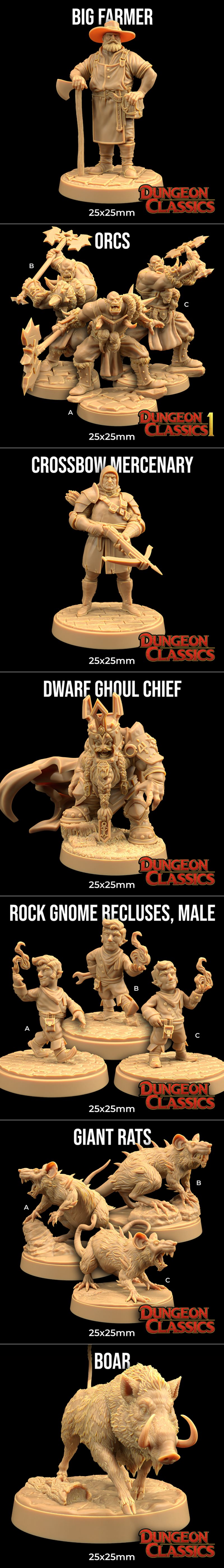 Collection of fantasy 3D printable miniatures from Dungeon Classics, featuring a large dragon, a boar, a tree, trolls...