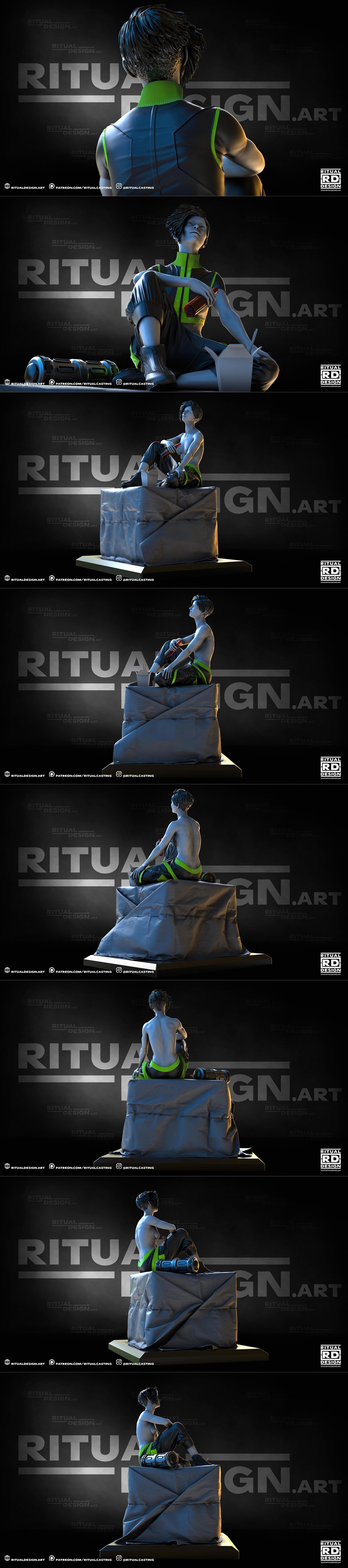 3D model of a woman named Glitch, sitting with legs crossed, holding two bottles and a takeout container. She wears a...