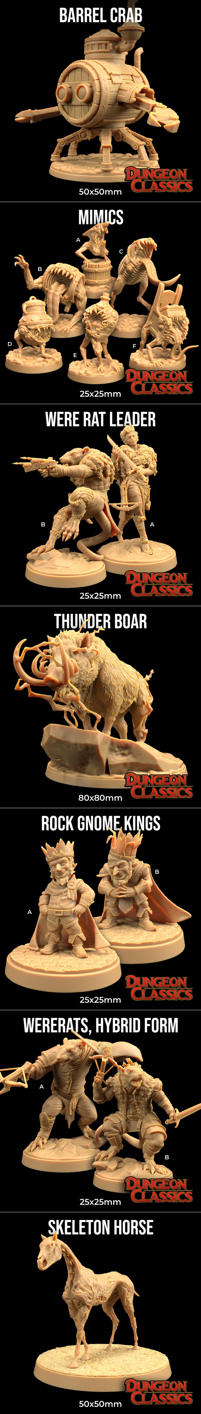 Collection of fantasy 3D printable miniatures from Dungeon Classics, featuring a large dragon, a boar, a tree, trolls...