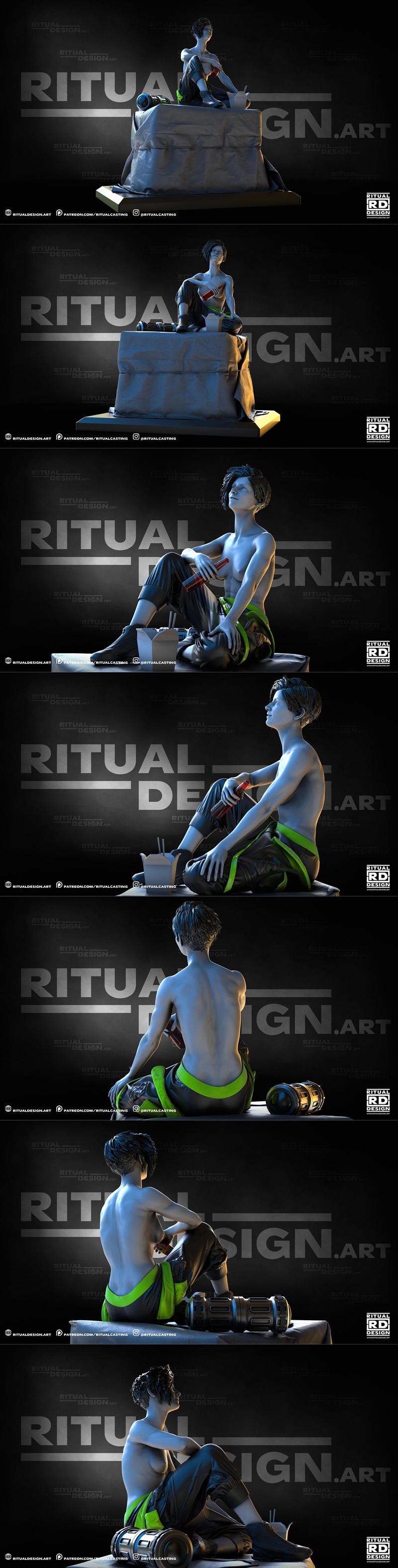 3D model of a woman named Glitch, sitting with legs crossed, holding two bottles and a takeout container. She wears a...