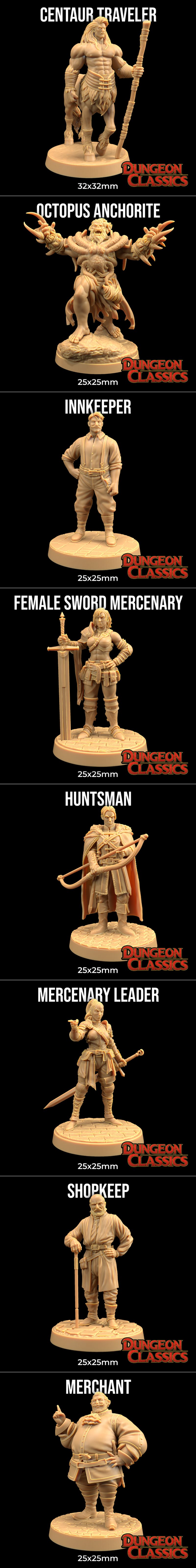 Collection of fantasy 3D printable miniatures from Dungeon Classics, featuring a large dragon, a boar, a tree, trolls...