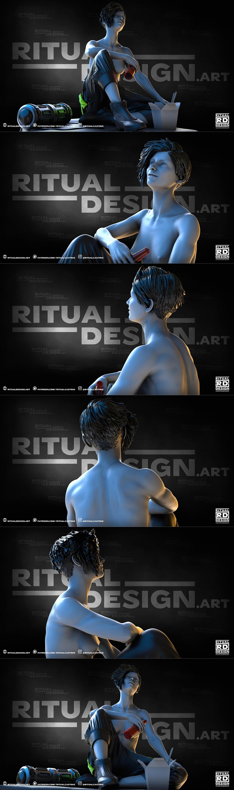 3D model of a woman named Glitch, sitting with legs crossed, holding two bottles and a takeout container. She wears a...