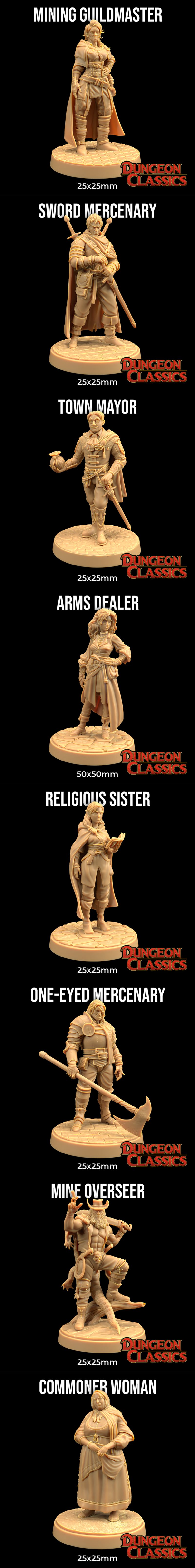Collection of fantasy 3D printable miniatures from Dungeon Classics, featuring a large dragon, a boar, a tree, trolls...