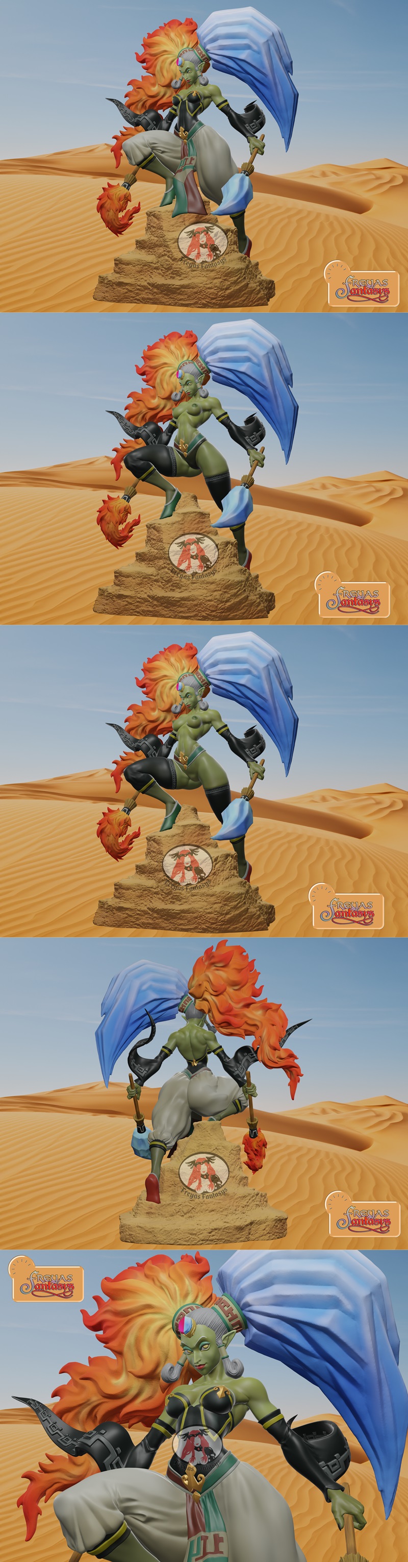 3D model figure of Twinrova from The Legend of Zelda, with fiery orange and blue hair, crouching with magical staffs...