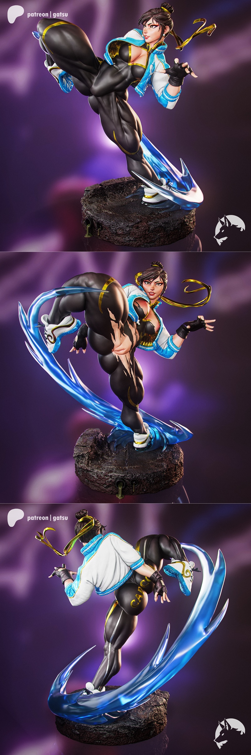 Chun-Li figure in a dynamic kicking pose, wearing a black bodysuit with gold trim and a blue and white jacket, with b...