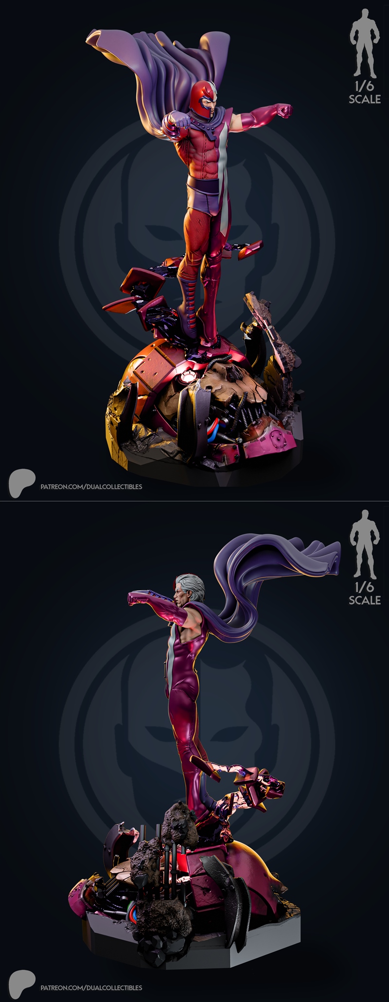 1/6 scale 3D model of Magneto in red and purple costume with helmet and cape, standing heroically on a ruined mechani...