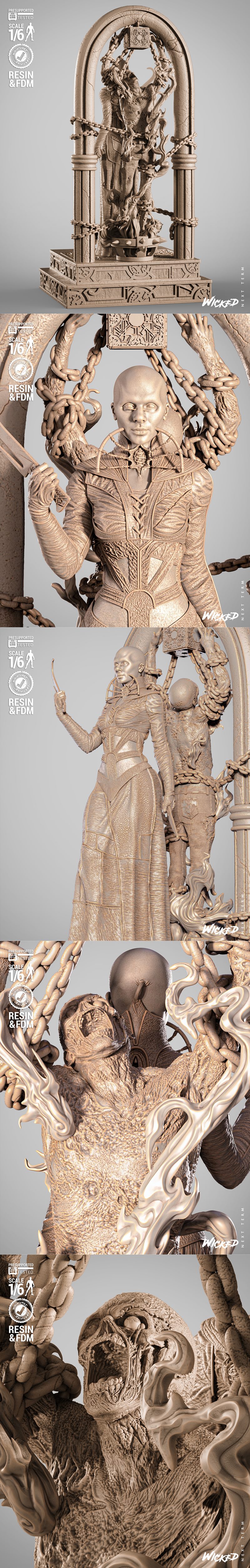 Female Cenobite 3D model sculpture, holding a hook and knife, within a gothic archway with chains. Scale 1:6, presupp...