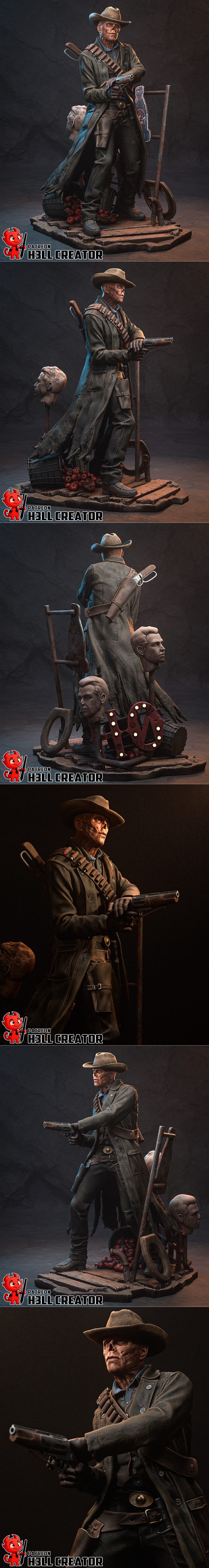 Weathered Ghoul character in cowboy hat and duster coat, holding a revolver and wearing an ammo bandolier. Detailed 3...
