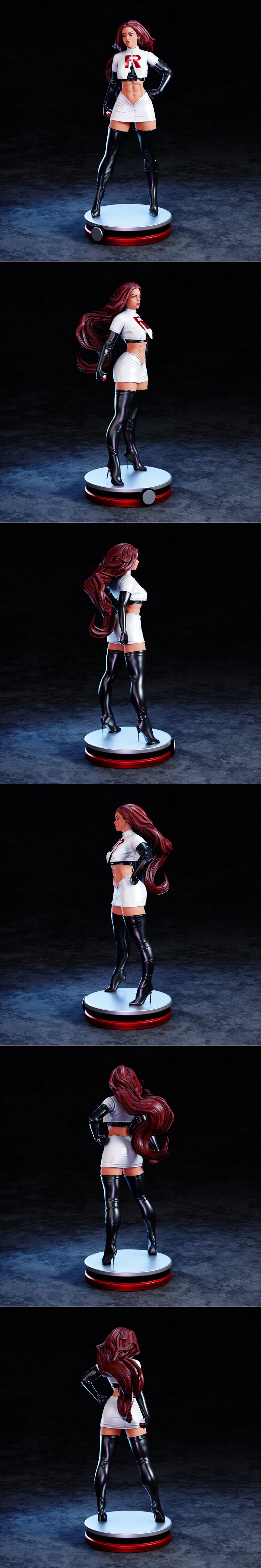 Jessie from Pokemon in Team Rocket uniform, white crop top, short skirt, thigh-high boots, holding a pokeball, standi...