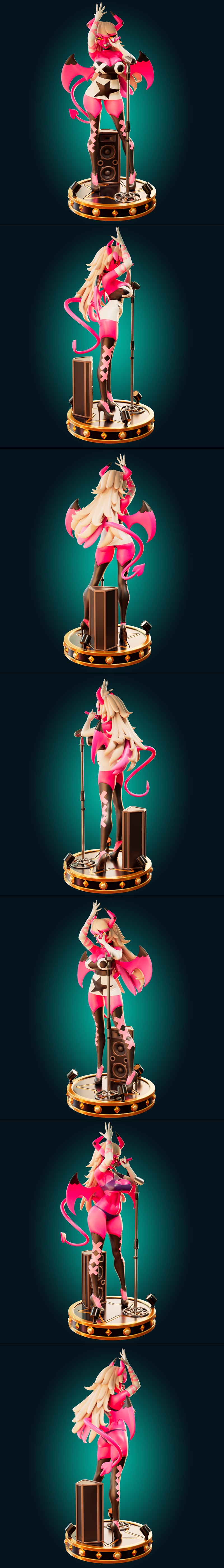 3D model of Verosika Mayday from Helluva Boss, a pink demon singer with wings and tail, holding a microphone next to...