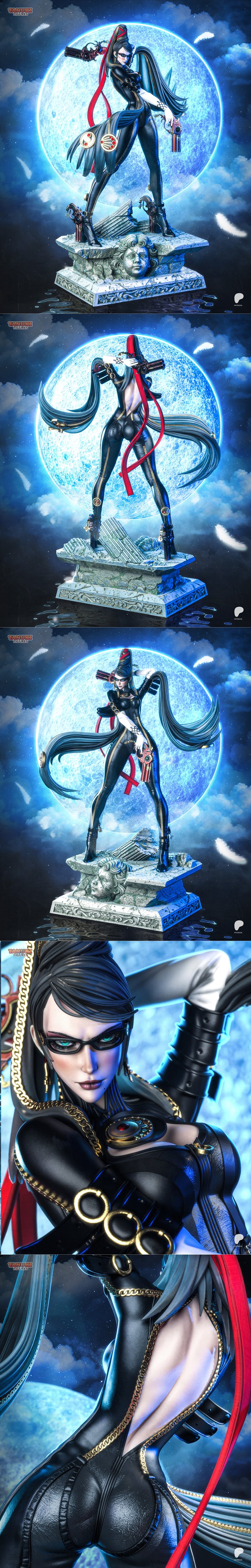 Bayonetta figure in a dynamic action pose, wearing a black suit and holding guns, with a large moon in the background...