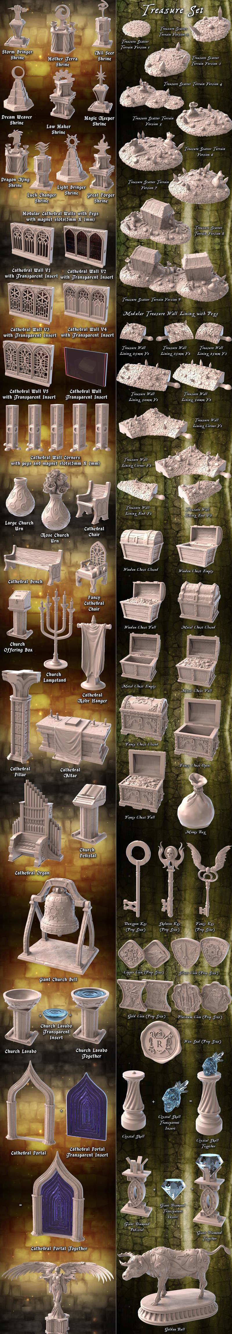 Collection of 3D printable models for tabletop games: a dragon-like creature in ice, a steam-powered train, an angeli...
