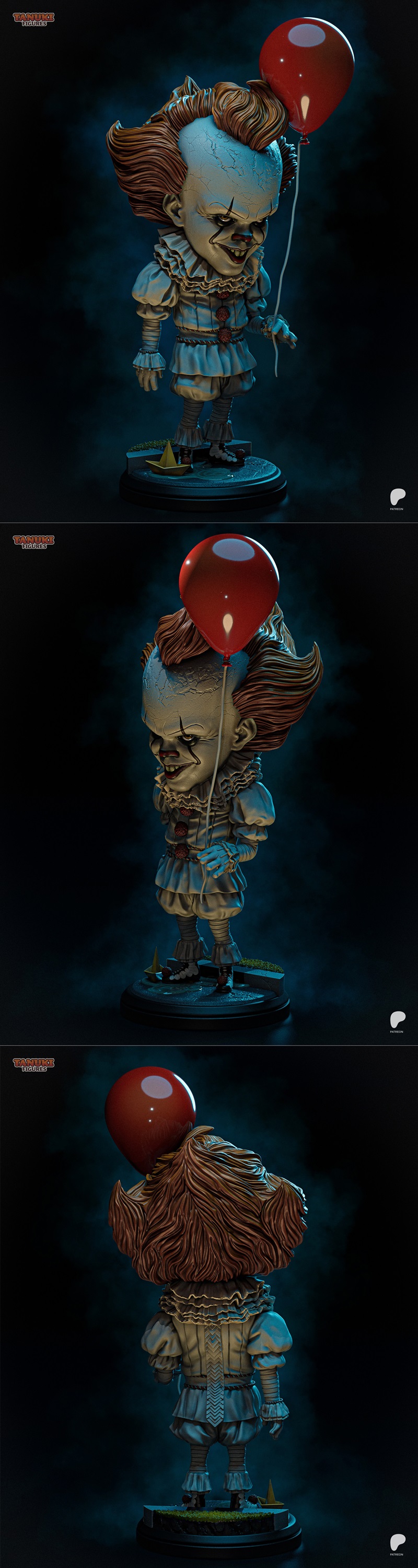 Chibi Pennywise figure from "It" by Tanuki Figures, holding a red balloon, wearing a clown costume with a r...