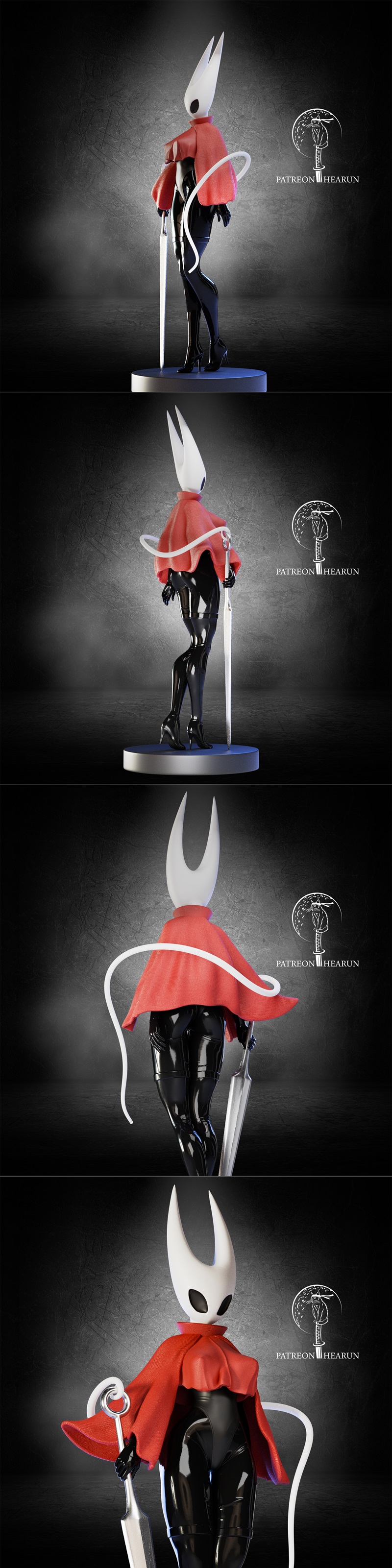 Stylized 3D model of Hornet from Hollow Knight, holding a large sword and wearing a red cape over black, shiny attire...