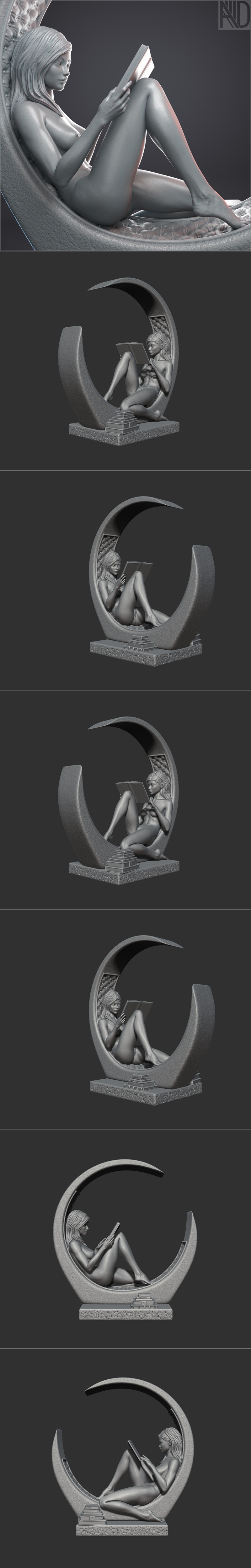 3D model of a woman sitting in a tufted chair, reading a book. Her body is angled, and she holds the book with both h...