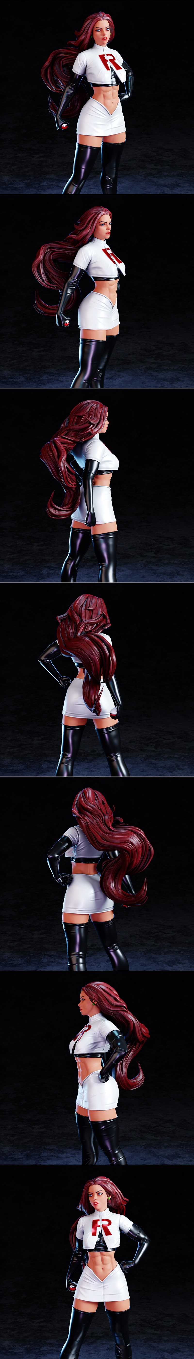 Jessie from Pokemon in Team Rocket uniform, white crop top, short skirt, thigh-high boots, holding a pokeball, standi...