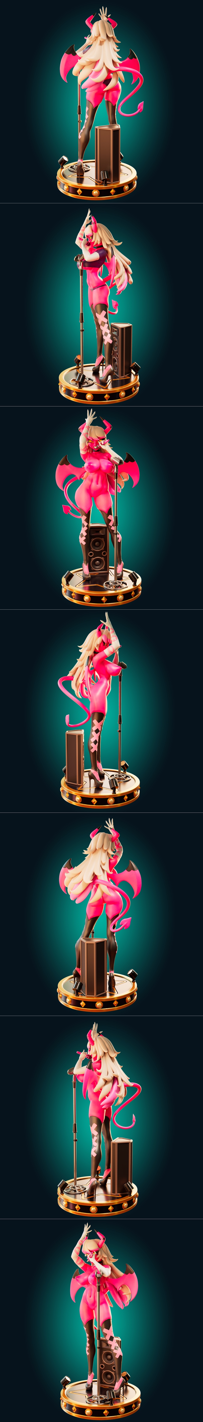 3D model of Verosika Mayday from Helluva Boss, a pink demon singer with wings and tail, holding a microphone next to...