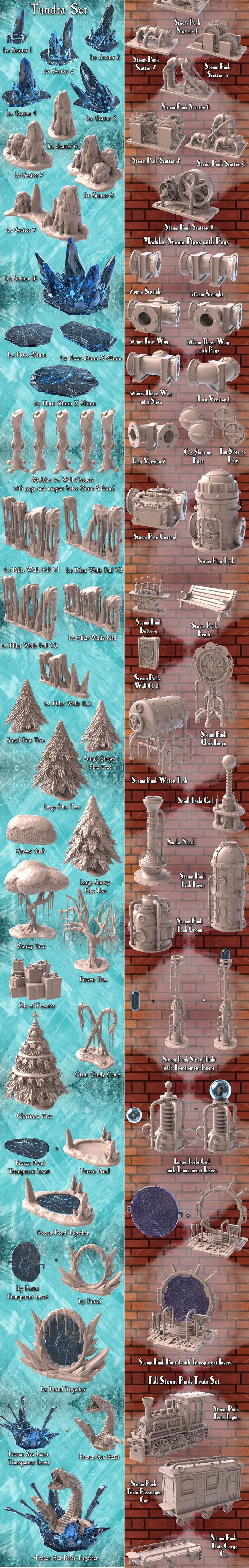 Collection of 3D printable models for tabletop games: a dragon-like creature in ice, a steam-powered train, an angeli...