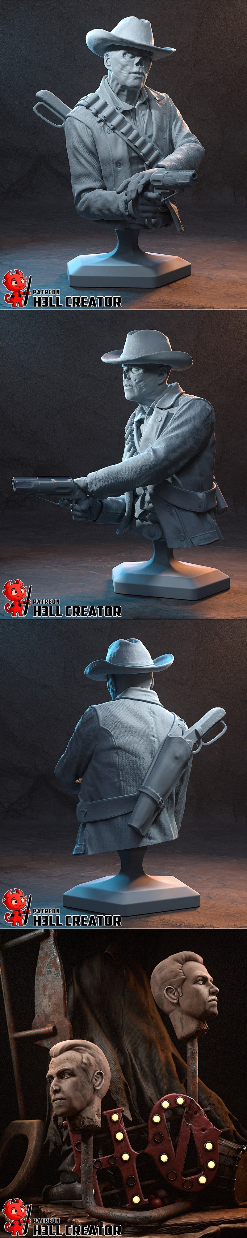 Weathered Ghoul character in cowboy hat and duster coat, holding a revolver and wearing an ammo bandolier. Detailed 3...