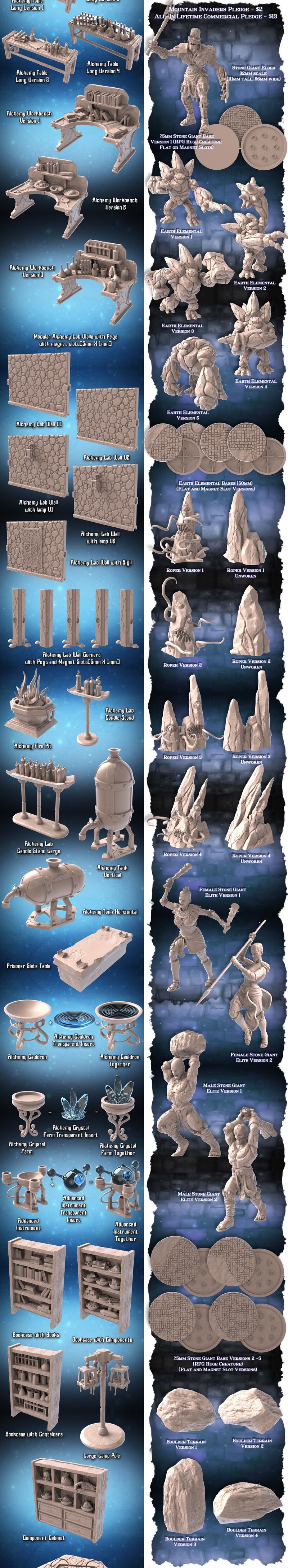 Collection of 3D printable models for tabletop games: a dragon-like creature in ice, a steam-powered train, an angeli...