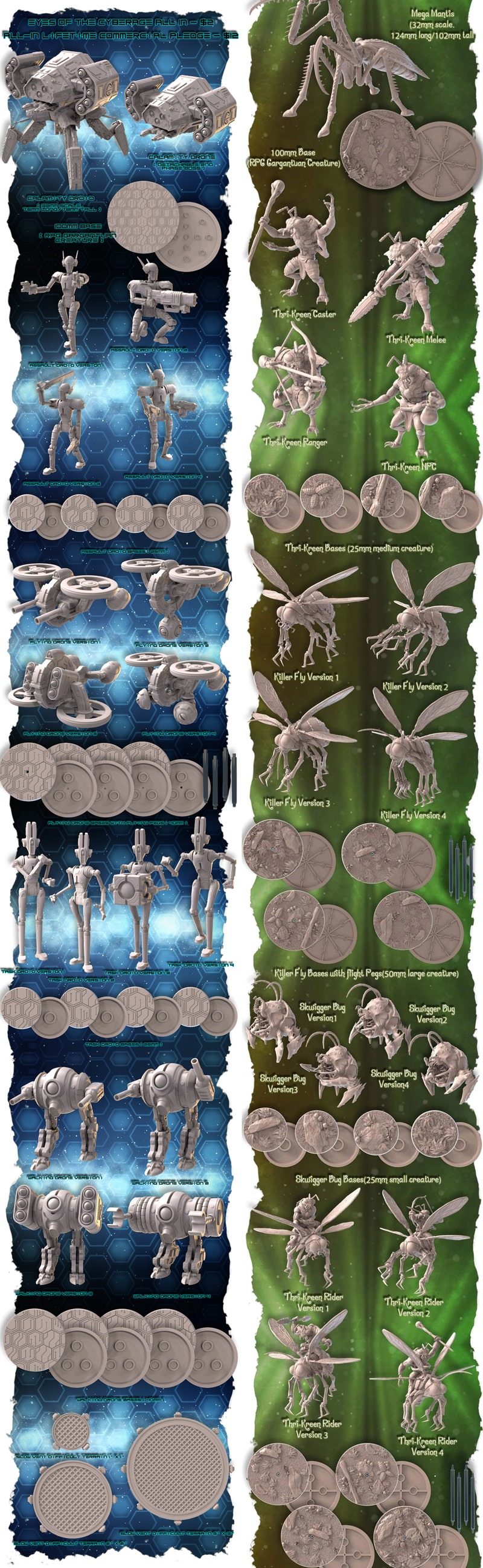 Collection of 3D printable models for tabletop games: a dragon-like creature in ice, a steam-powered train, an angeli...