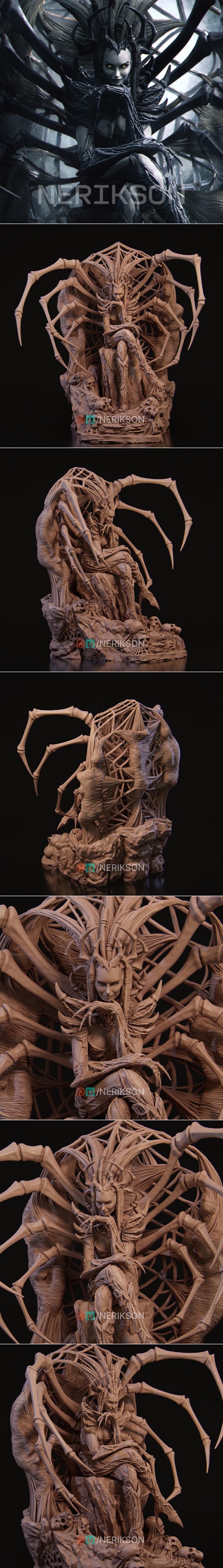 Nerikson's Spider Queen figure seated on a web-like throne, wearing dark, spidery armor with multiple large spider le...