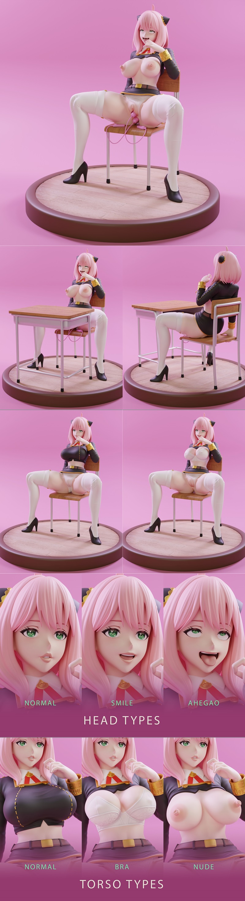 Anya Forger anime figure seated provocatively on a chair, wearing a school uniform, white thigh-highs, and black heels.