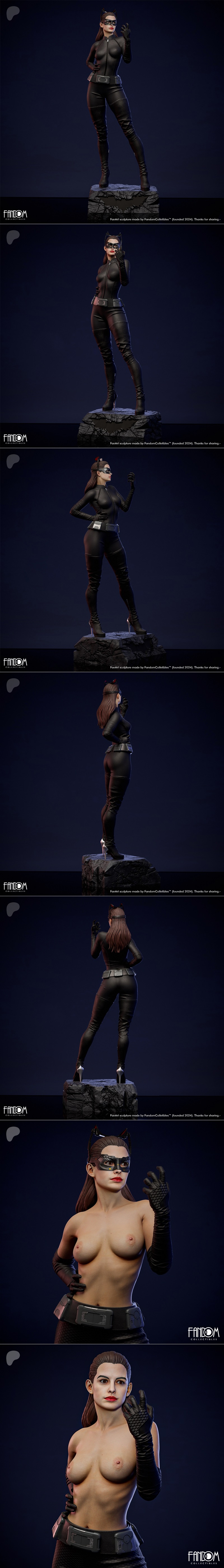 Catwoman 3D model figure in a black textured catsuit, mask with ears, and utility belt, posed dynamically with one ha...