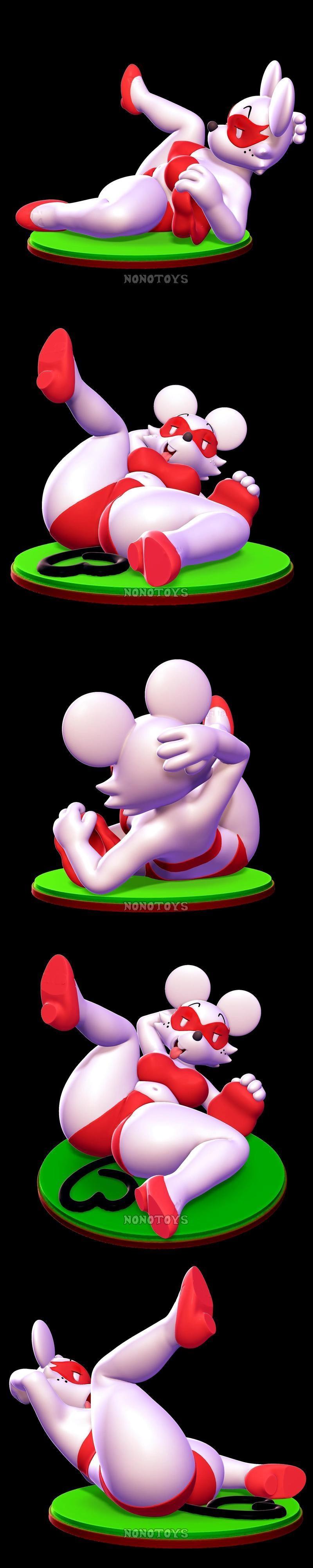 Stylized 3D model of Ms. Mowz, an anthropomorphic mouse character in a red bikini and mask, lying suggestively on a g...