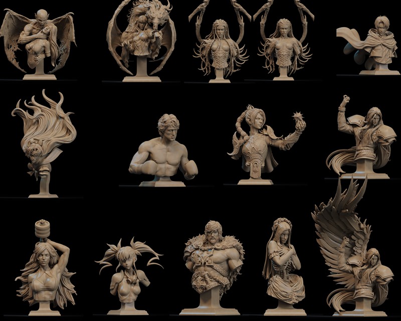 Collection of 3D printable busts by CA 3D Studios, featuring fantasy characters like demons, angels, warriors, and fe...