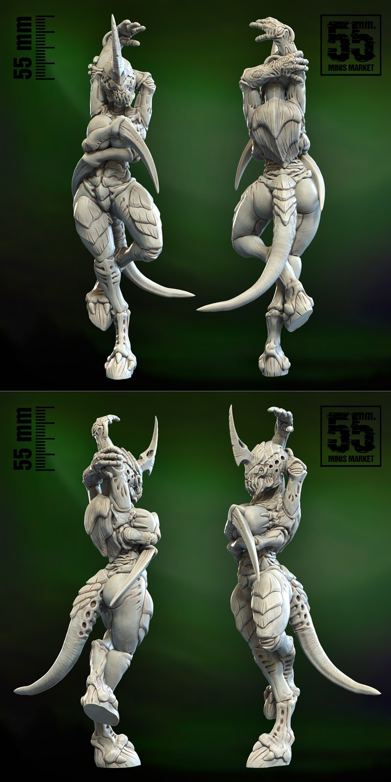 Detailed 3D model of a female alien creature, a Tyranid Biomangler named Shee, with sharp claws, horns, and a segment...