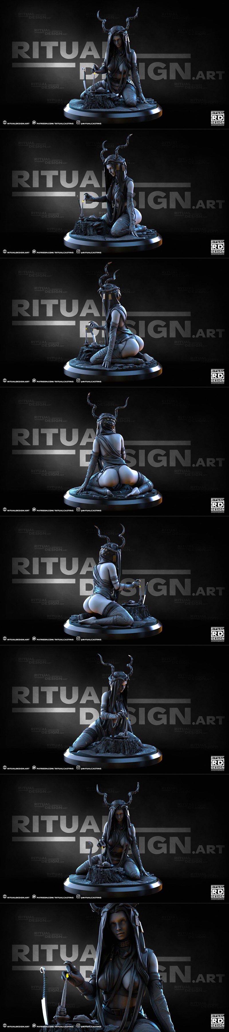 1:10 scale Gohta figure from Ritual Design, kneeling with horns and a hood, holding a knife. SFW and NSFW options ava...