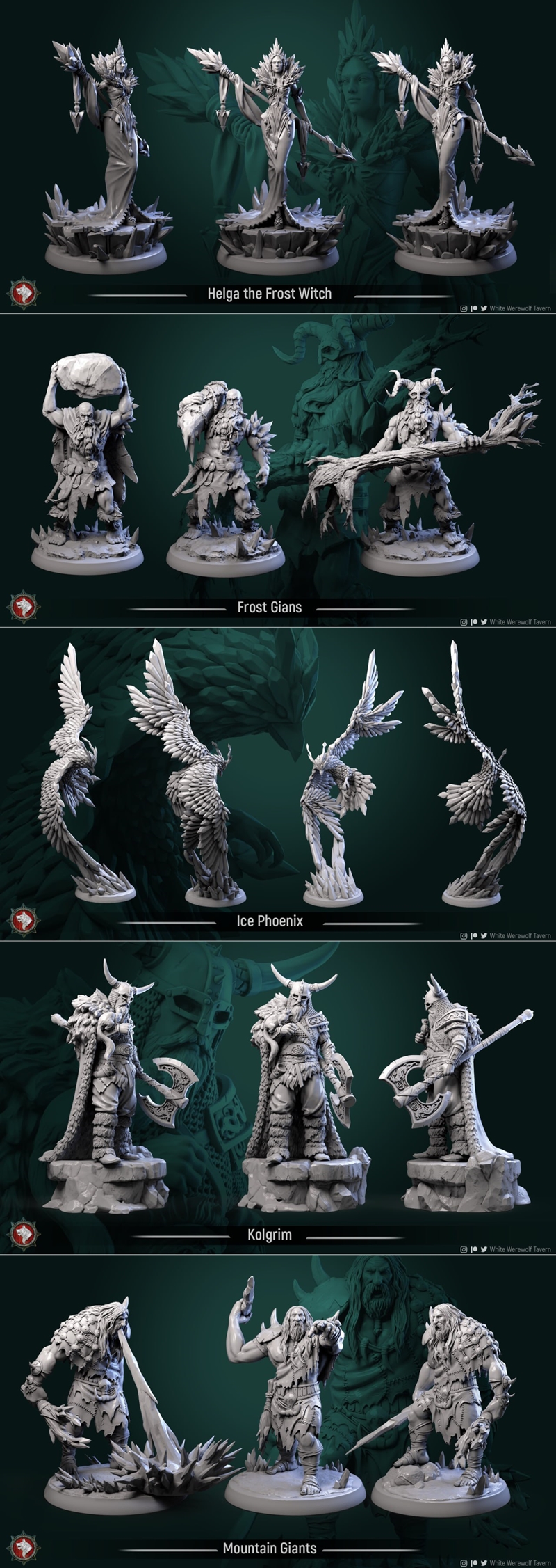 Collection of fantasy miniatures from White Werewolf Tavern's "Snow Storm" November release, featuring warr...