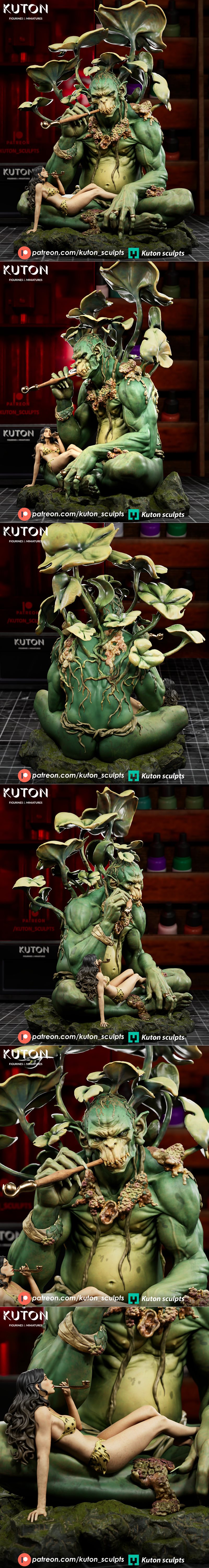 Large green plant monster smoking a pipe, seated next to a reclining woman in a bikini. Intricate foliage and moss de...