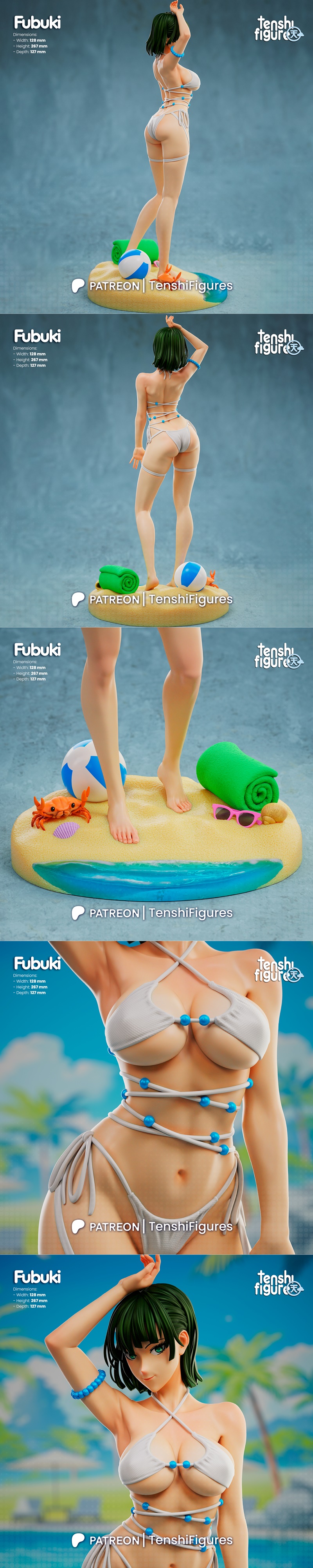 Fubuki from One Punch Man anime figure in a white bikini, posing seductively on a beach diorama with a beach ball and...