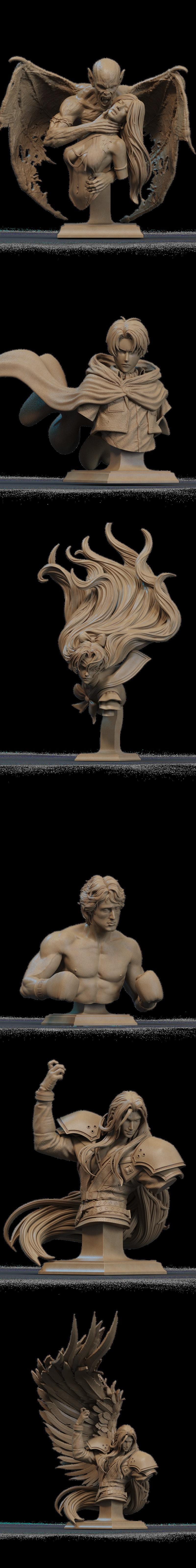 Collection of 3D printable busts by CA 3D Studios, featuring fantasy characters like demons, angels, warriors, and fe...
