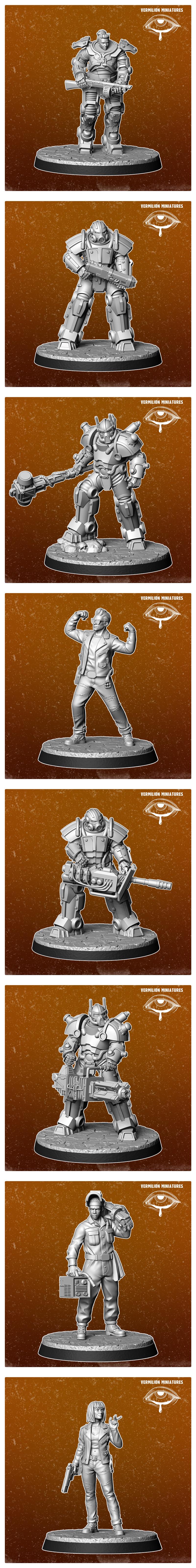 Collection of 3D printable miniatures from Vermilion Miniatures, featuring figures in sci-fi power armor with heavy w...