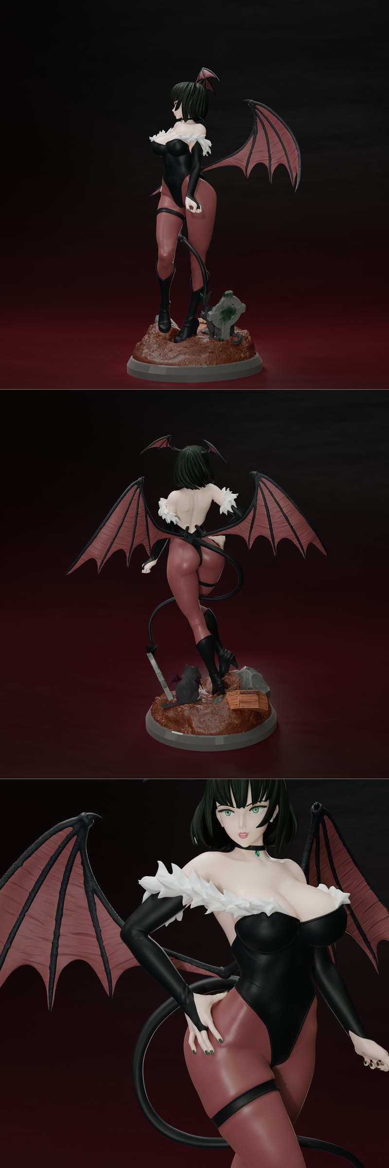 Morrigan Aensland succubus figure with large red wings, horns, and a black leotard, standing on a gothic diorama base...