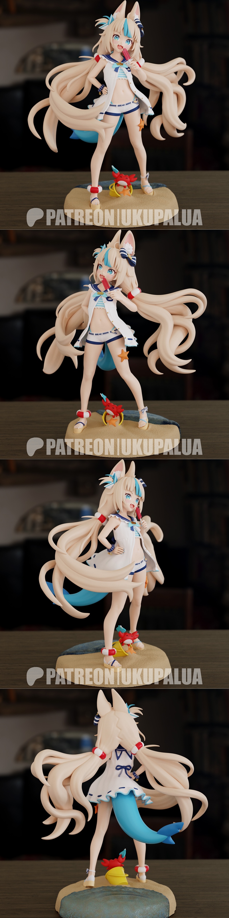 Anime fox girl Samekosaba in a sailor outfit eating an ice pop, with long blonde hair and large ears.