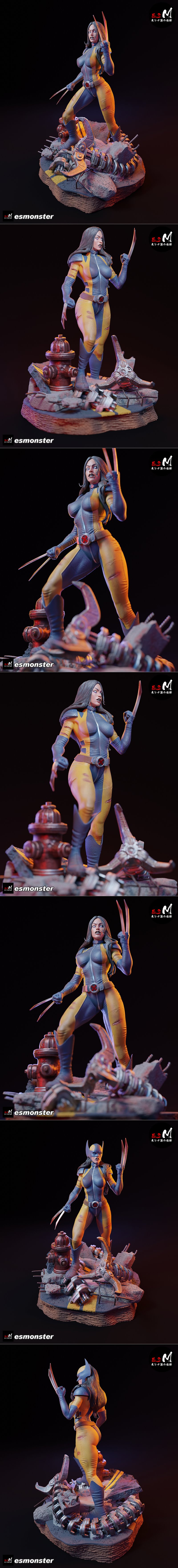 X-23 figure in yellow and blue costume with claws extended, standing on a diorama base with rubble and mechanical deb...